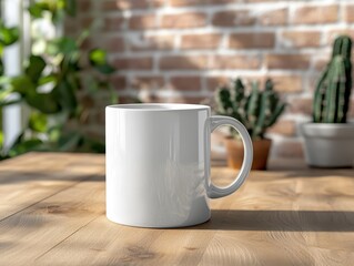 Fototapeta premium Realistic white mug with cacti in a cozy indoor setting on a wooden table during daylight hours