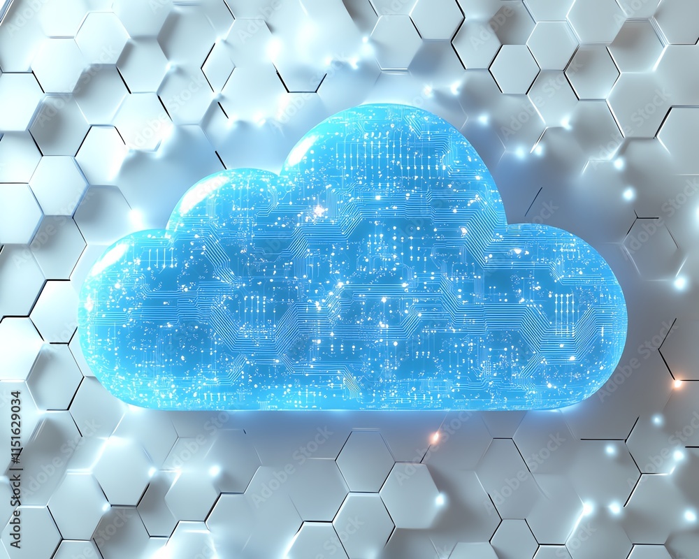 Poster a 3d rendering of a blue cloud icon with circuits over a white hexagonal pattern, symbolizing cloud 