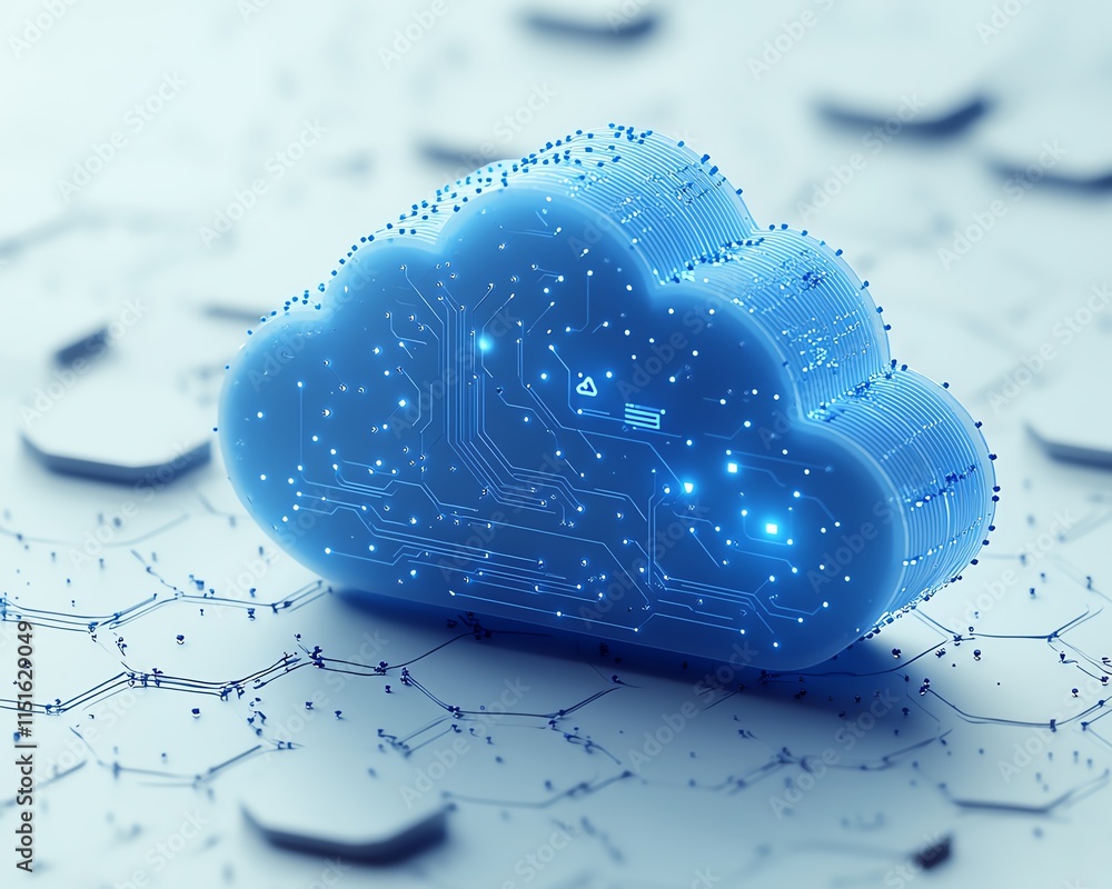 Poster a 3d rendering of a blue cloud icon with circuits over a white hexagonal pattern, symbolizing cloud 