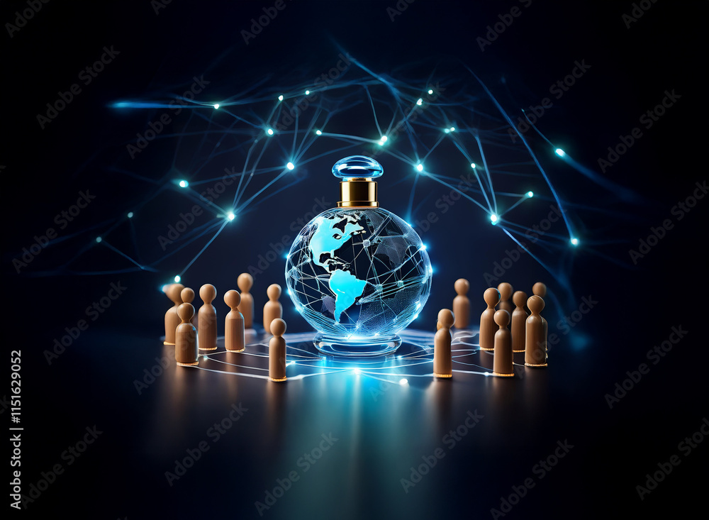 Poster a glowing orb depicting the earth rests inside a glass perfume bottle, encircled by small figures, a