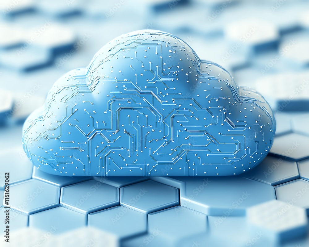 Poster a 3d rendering of a blue cloud icon with circuits over a white hexagonal pattern, symbolizing cloud 