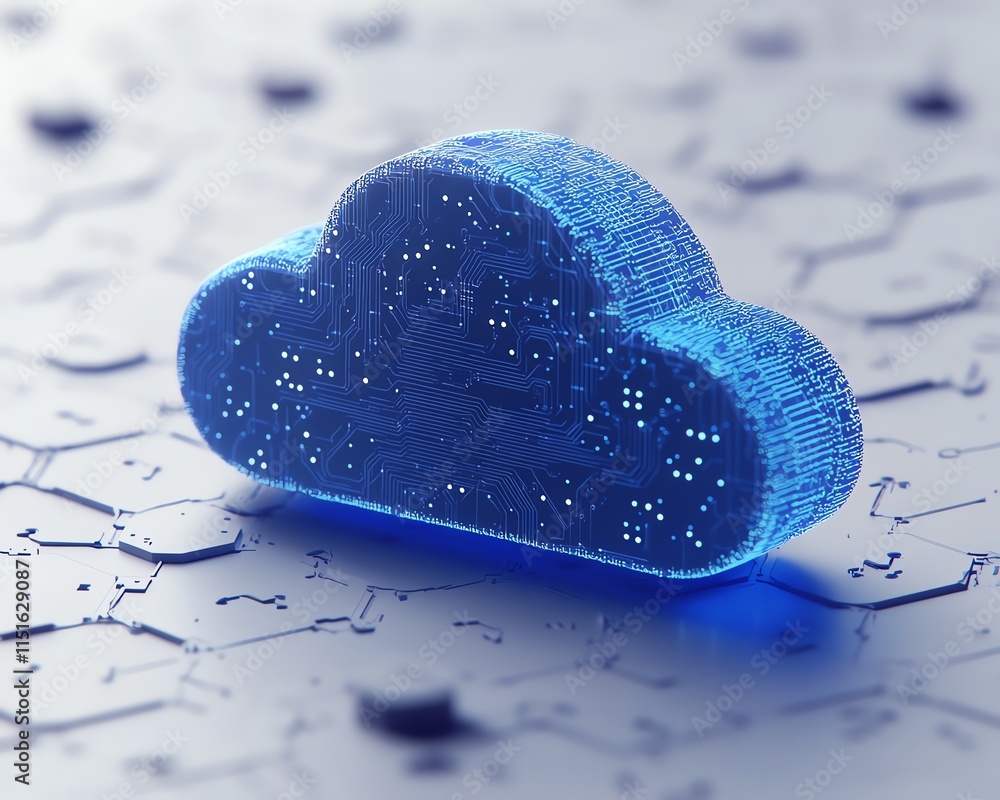 Poster a 3d rendering of a blue cloud icon with circuits over a white hexagonal pattern, symbolizing cloud 