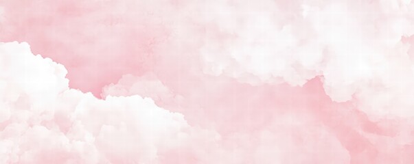Obraz premium Pink pastel watercolor background with white clouds. Abstract pink sky banner template. White clouds in the pink sky. Happy Valentine's Day