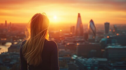   Young businesswoman overlooking the city of london skyline at sunset, capturing the beauty of urban architecture in gentle light with themes of success, freedom, future opportunities, and aspiration