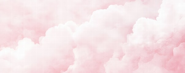 Pink pastel watercolor background with white clouds. Abstract pink sky banner template. White clouds in the pink sky. Happy Valentine's Day