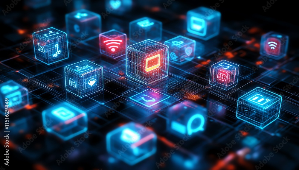 Poster a 3d rendering of interconnected social network symbols, with digital user icons and glowing lines o