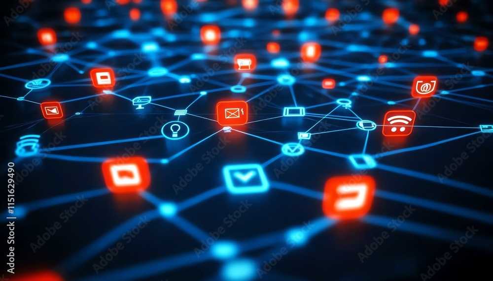 Poster a 3d rendering of interconnected social network symbols, with digital user icons and glowing lines o