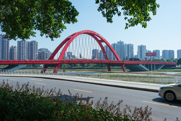 Landmark building of Rainbow Bridge in downtown Deyang City, Sichuan Province, China