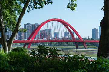 Landmark building of Rainbow Bridge in downtown Deyang City, Sichuan Province, China