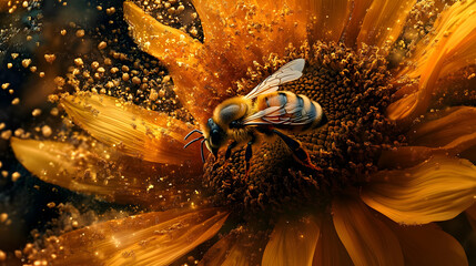 Golden Bee on Sunflower: A Macro Photography Masterpiece