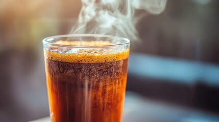 Steaming hot coffee in clear glass with foam and aroma