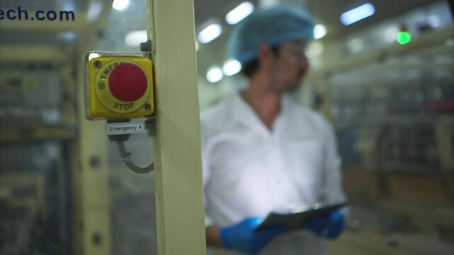 The production control supervisor inspects and controls the operation of machines in the manufacturing line of a canned fish industry