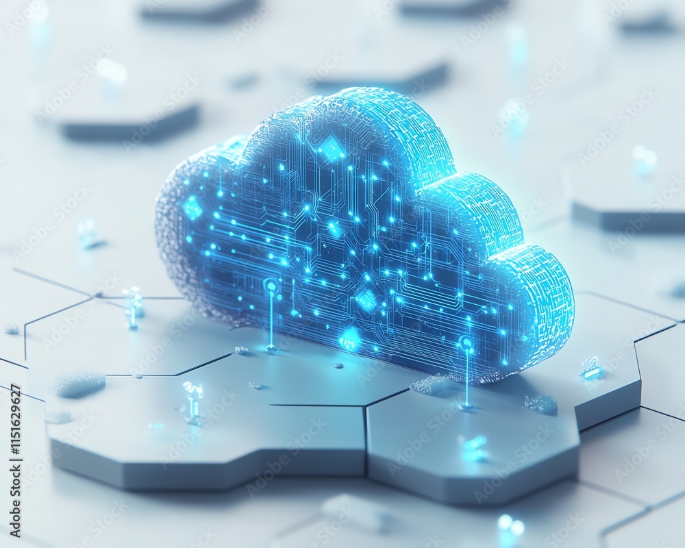 Poster a 3d representation of a blue cloud icon with interconnected circuits on a white hexagonal backgroun