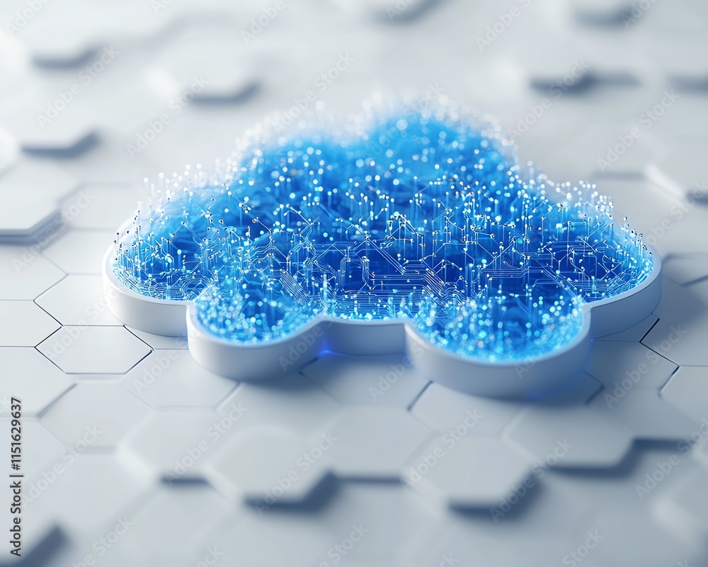 Poster a 3d representation of a blue cloud icon with interconnected circuits on a white hexagonal backgroun
