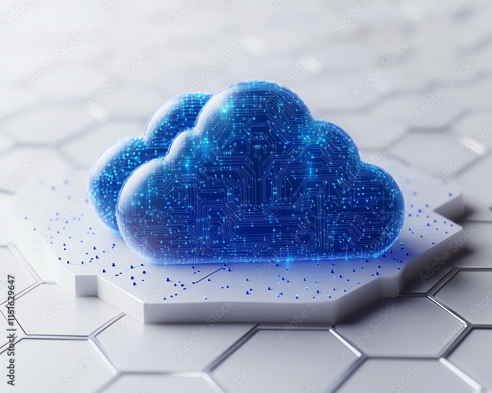 Poster a 3d representation of a blue cloud icon with interconnected circuits on a white hexagonal backgroun