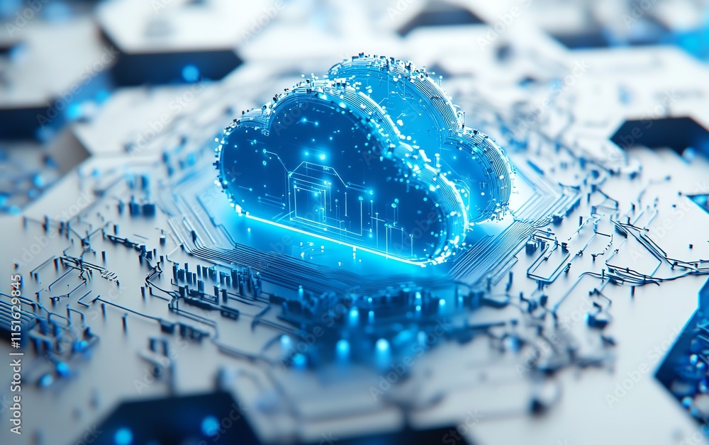 Poster a blue cloud icon surrounded by circuits on a white hexagonal grid, representing data storage, cloud