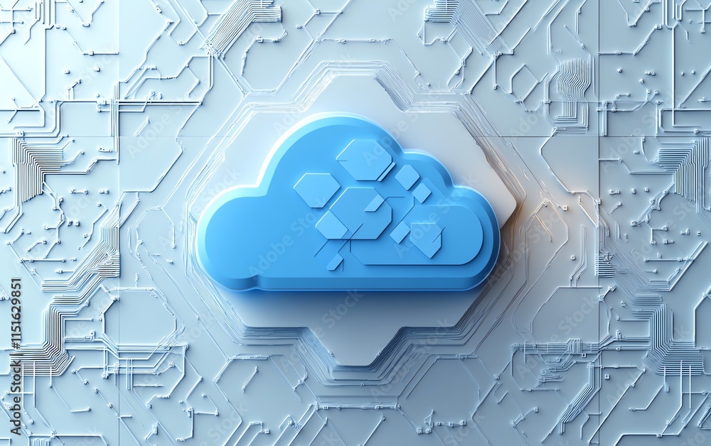 Poster a blue cloud icon surrounded by circuits on a white hexagonal grid, representing data storage, cloud