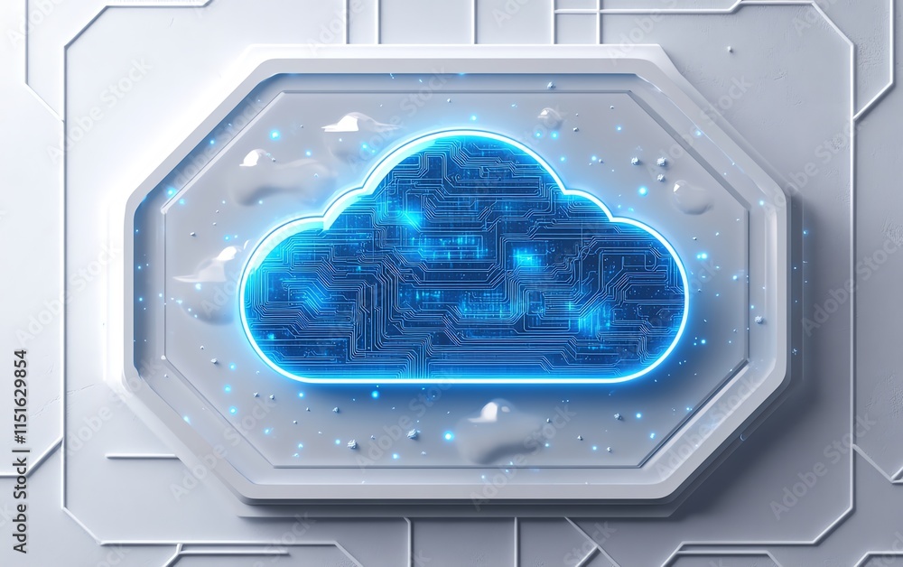 Poster a blue cloud icon surrounded by circuits on a white hexagonal grid, representing data storage, cloud