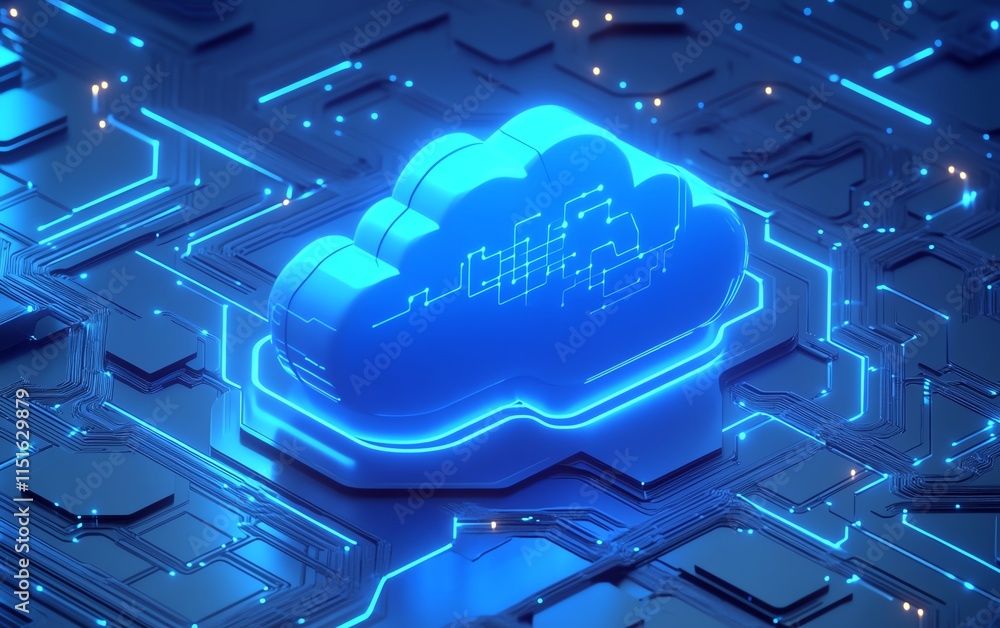 Poster a blue cloud icon surrounded by circuits on a white hexagonal grid, representing data storage, cloud