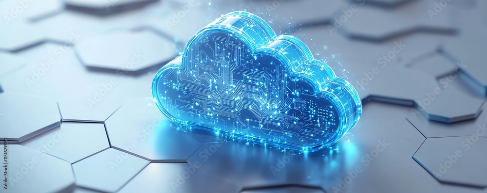 Poster a blue cloud icon with glowing circuits over a white hexagonal background, highlighting the technolo