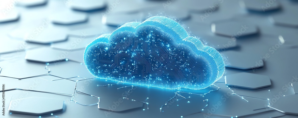 Poster a blue cloud icon with glowing circuits over a white hexagonal background, highlighting the technolo