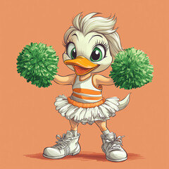 A cartoon duck dressed as a cheerleader, holding green pom poms and wearing white shoes