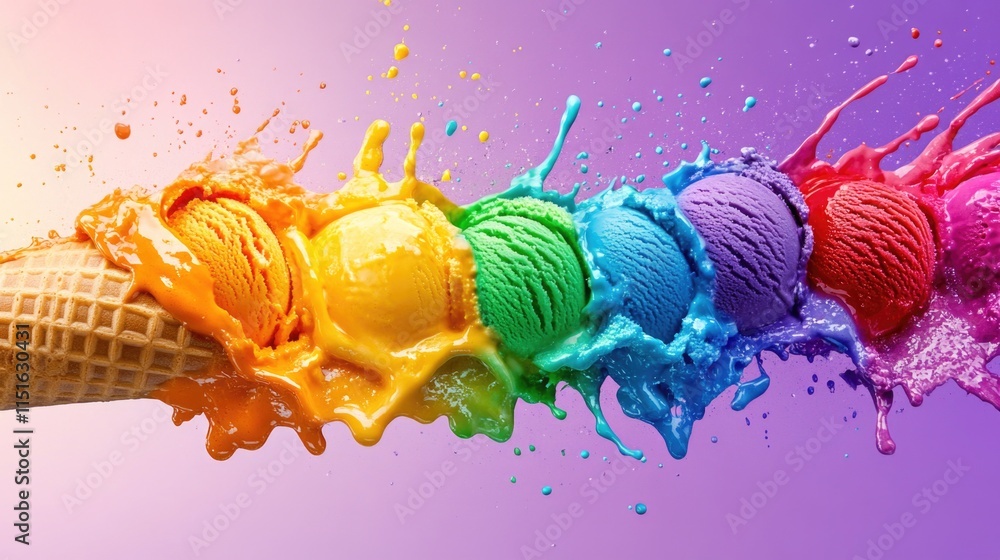 Poster colorful rainbow ice cream scoops in waffle cone with splashes on gradient background