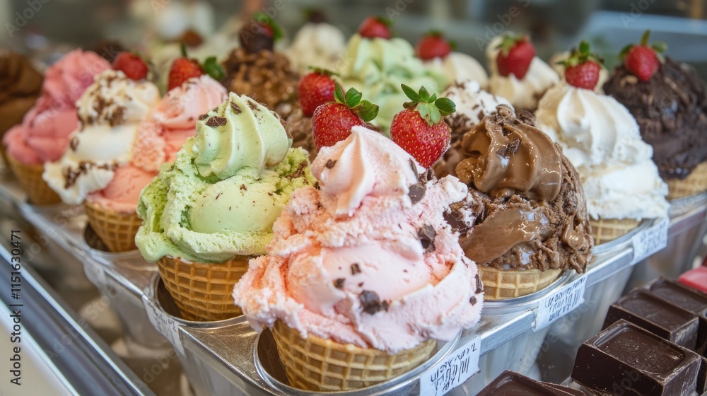 Aufkleber colorful display of various flavored ice cream cones with strawberries in parlor setting