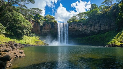 Water tumbles gracefully from towering cliffs into a tranquil body of water, framed by vibrant foliage and bright clouds above