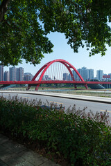 Landmark building of Rainbow Bridge in downtown Deyang City, Sichuan Province, China