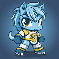 Fototapeta premium Cartoon art in vector style of a blue pony playing on the ice in a team jersey with yellow and white stripes