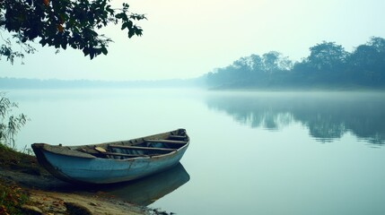 A breathtaking early morning view showcases a solitary boat perched on the riverbank, surrounded by tranquil mist and lush greenery