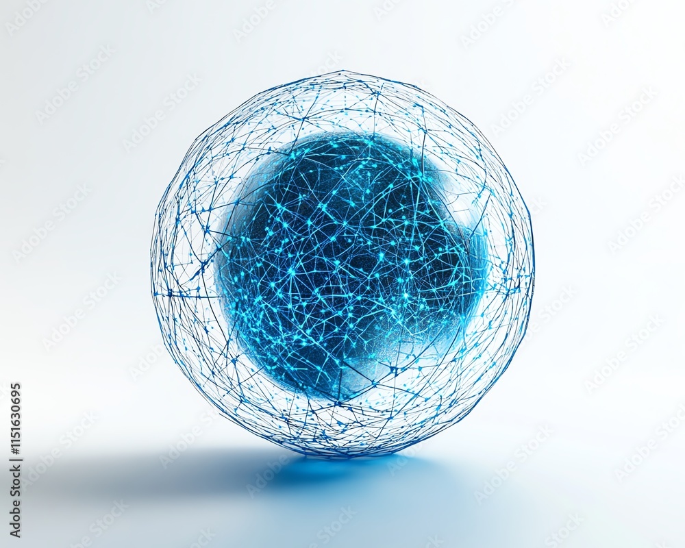 Poster a futuristic 3d rendering of a digital globe with blue holographic connections, surrounded by a netw