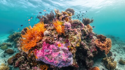 Naklejka premium Colorful coral formations host a variety of marine species, showcasing the beauty of underwater life in a tropical setting