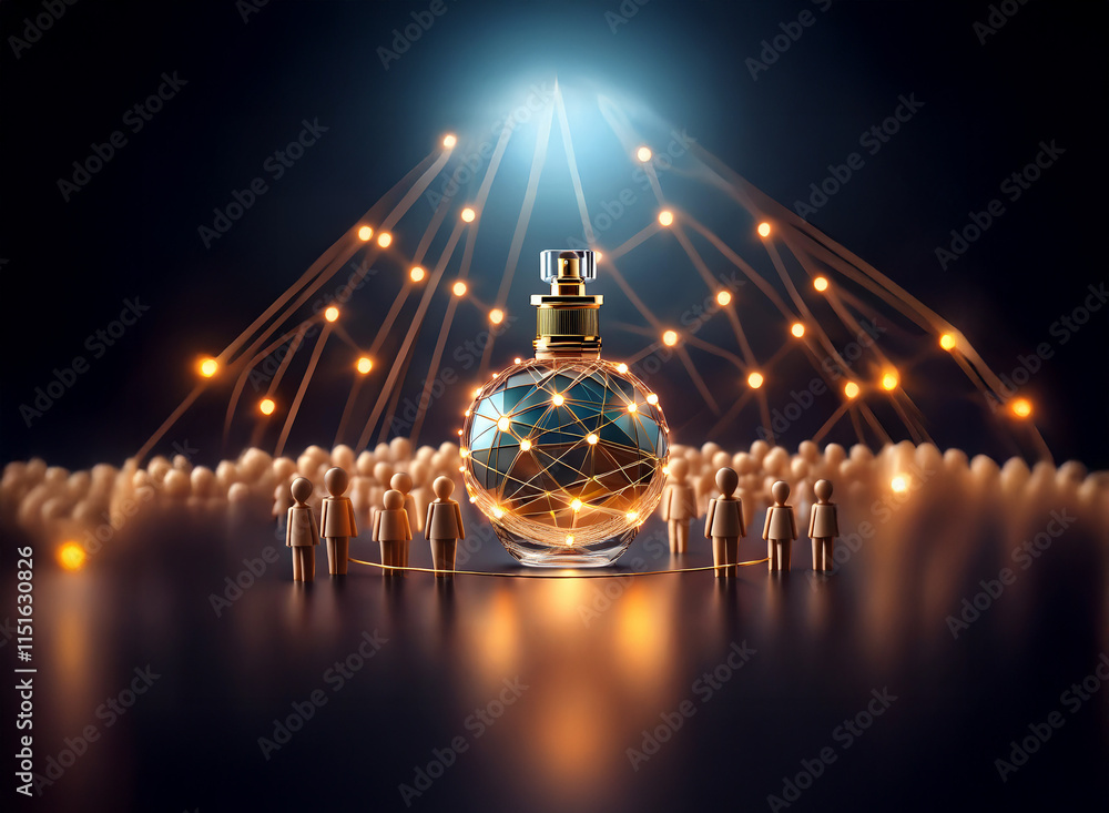 Aufkleber A captivating image of a perfume bottle, glowing with inner light, encircled by miniature figures forming a network.  The scene is dark, emphasizing the bottle's luminescence and connection to the sur