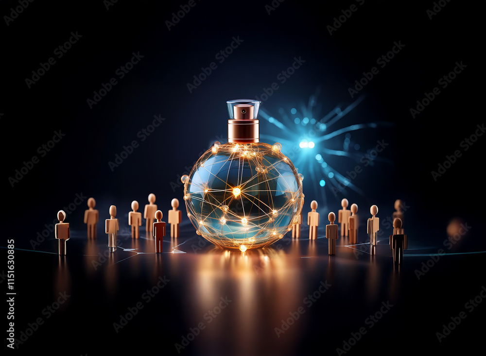 Poster A glowing orb perfume bottle, encircled by small figures, sits against a dark backdrop with sparkling lights.  It symbolizes connection and shared experience.