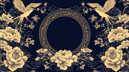 Elegant golden floral design with birds and peonies on a dark background