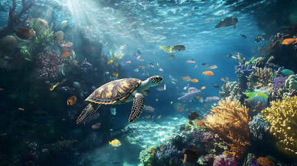 Stunning Underwater Scene: Sea Turtle in Vibrant Coral Reef