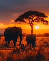 Elephant calf walking closely with its mother in golden African savanna under a glowing sunset sky during safari.