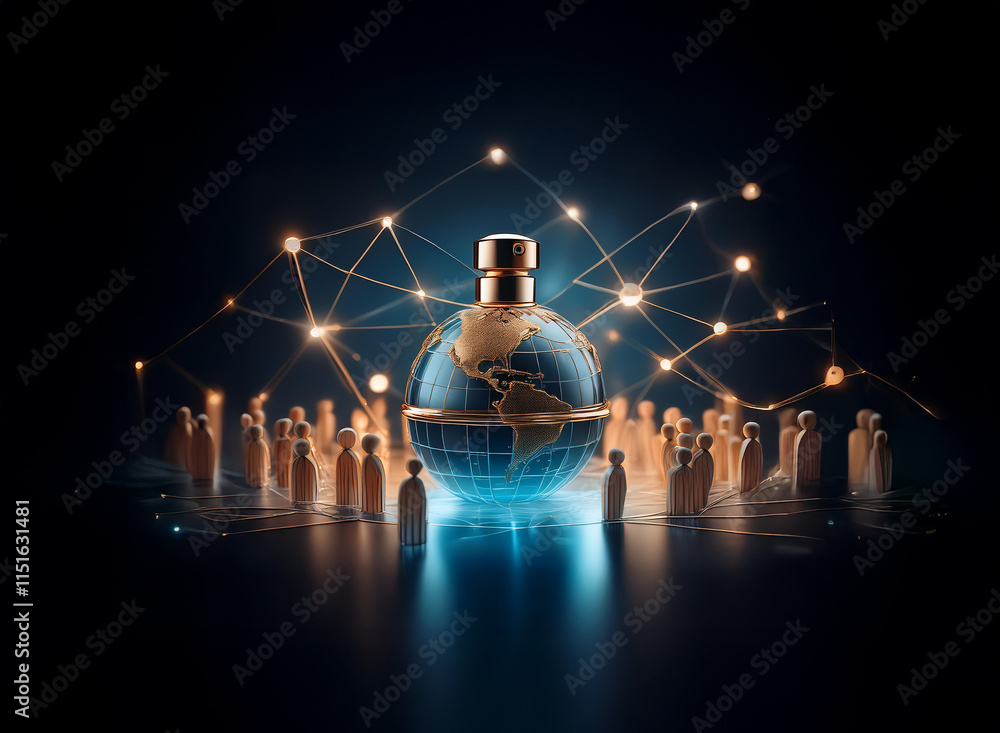 Poster a globe-shaped perfume bottle sits at the center of a network, surrounded by small figures, symboliz
