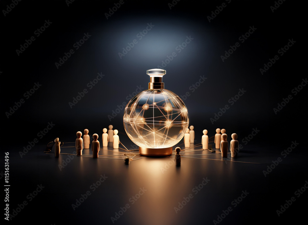 Aufkleber a glowing orb, resembling a perfume bottle, sits on a dark surface. tiny figures surround it, connec