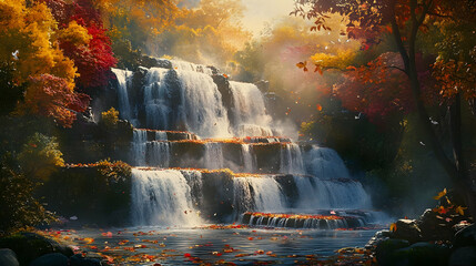 Majestic Autumn Waterfall in a Colorful Forest