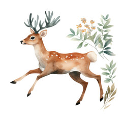 A Leaping Deer with Antlers and Floral Accents