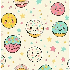A delightful repeating pattern showcasing a kawaii dessert theme, with smiling cupcakes topped with sprinkles, cheerful donuts with bright icing, and tiny macarons in soft pastel hues of pink, 