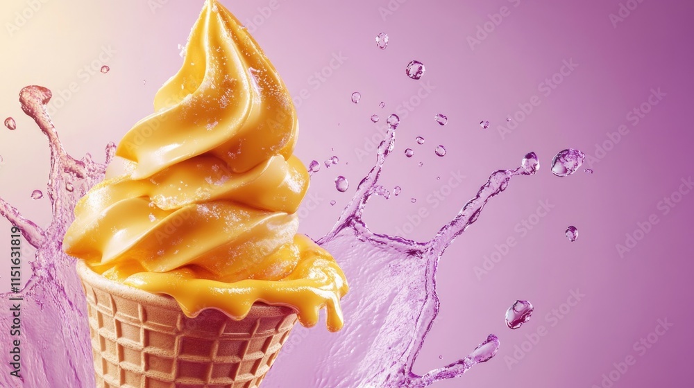 Poster melting mango ice cream cone with purple splash on gradient background