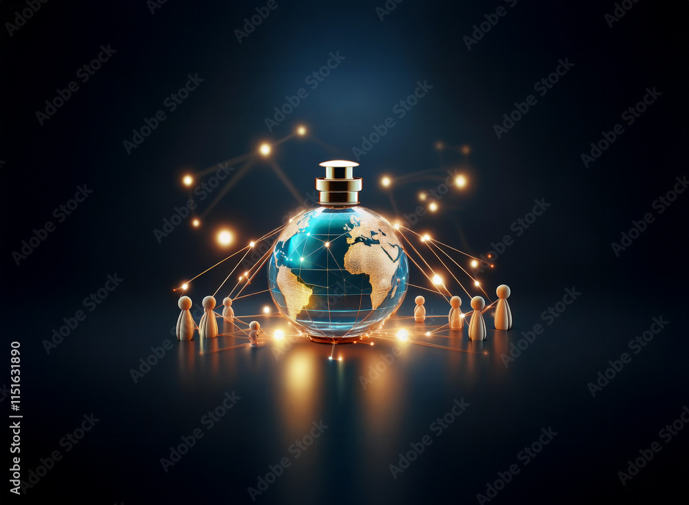 Poster a perfume bottle shaped like the earth, surrounded by a network of glowing connections and miniature