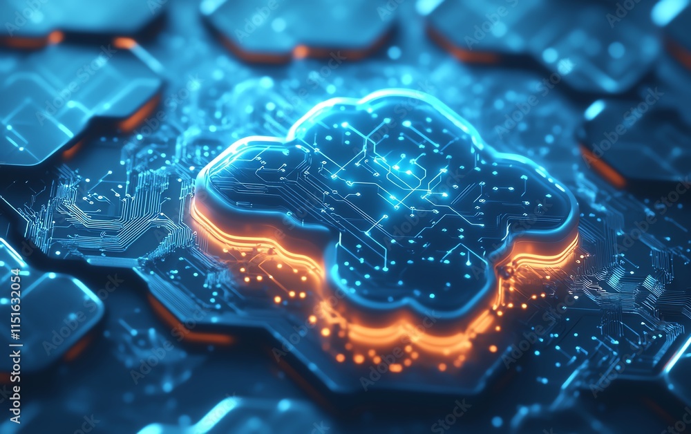 Poster blue cloud icon with glowing circuits, set over a white hexagonal background, representing the conce