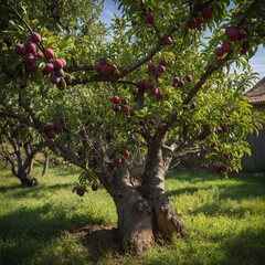Fototapeta premium A plum tree in a backyard orchard, its branches leaning under the weight of ripe, juicy fruits.