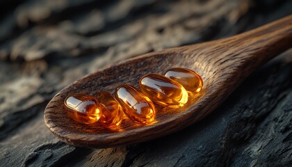 A wooden spoon with fish oil capsules in a closeup view, showcasing the rich, amber color of the capsules and the rustic texture of the spoon