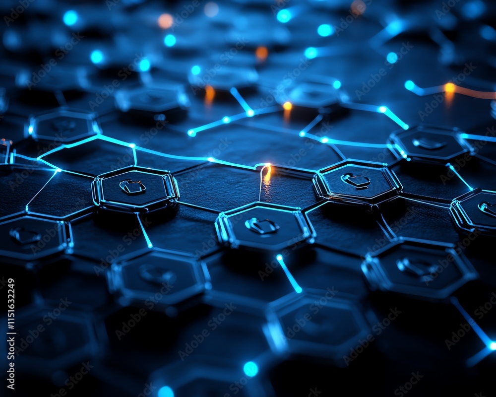 Aufkleber digital social network concept in 3d, with user symbols linked by glowing lines, displayed on a dark